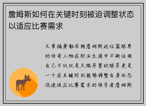 詹姆斯如何在关键时刻被迫调整状态以适应比赛需求